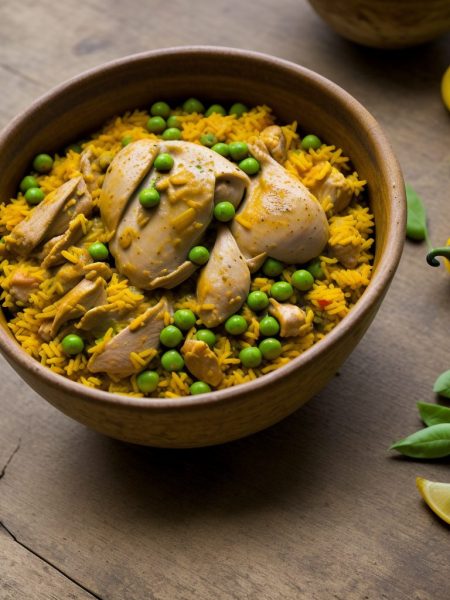 Cuban arroz con pollo in a serving bowl