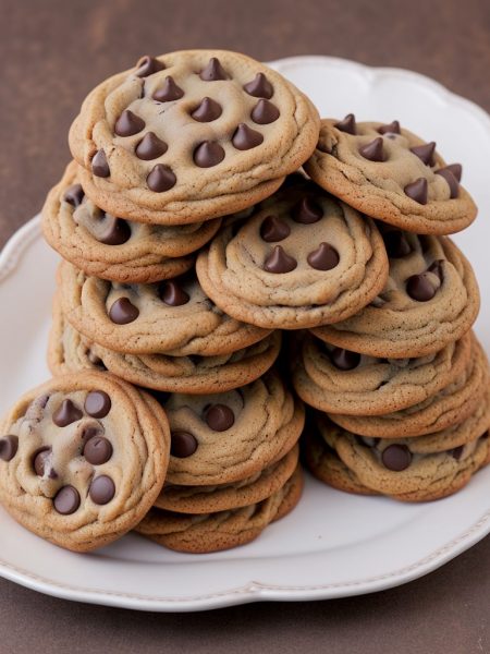 Chocolate butterscotch chip cookies stacked on a plate