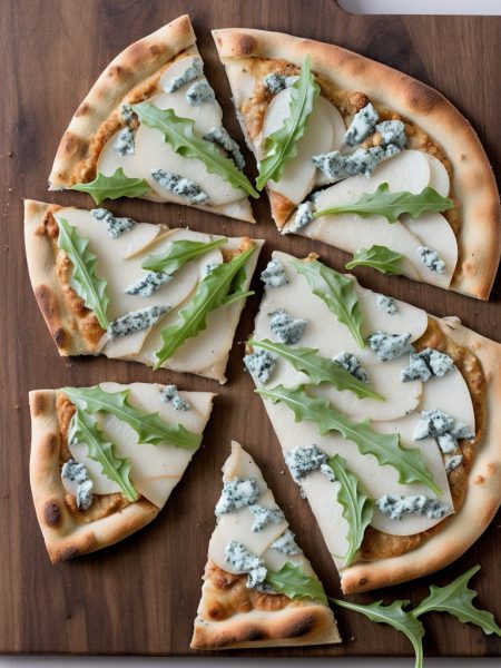 Pear and gorgonzola pizza on a wooden board