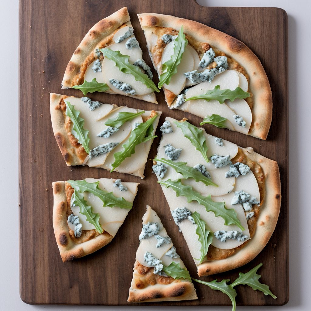Pear and gorgonzola pizza on a wooden board