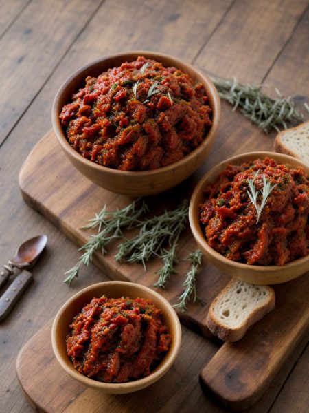 Sun-dried tomato relish in a rustic bowl