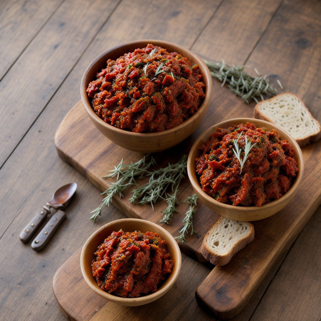 Sun-dried tomato relish in a rustic bowl