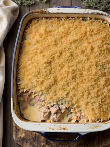 Tuna casserole baked with golden topping