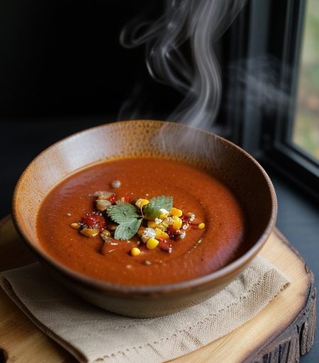 Charred Tomato Soup With Corn & Pepper Reli recipe image