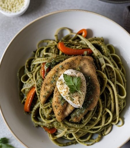 Chicken Pesto Vegetable Stir-Fry With Fettuci recipe image