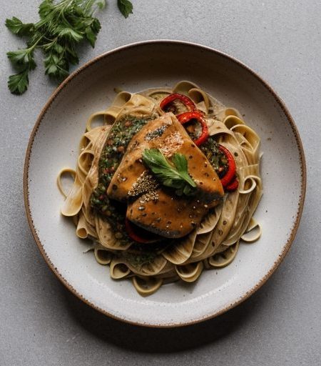 Chicken on Pasta With Spicy Asian-Style Sauce recipe image
