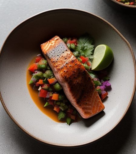 Chili Seared Salmon With Sweet Pepper Salsa recipe image