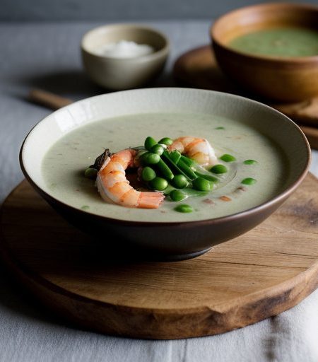 Cream of Snow Pea Soup With Shrimp - Bon Appetit recipe image