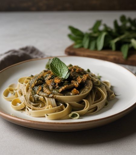 Fettuccine & Vegetables in a Garlic-Mint Sauc recipe image