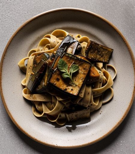 Fettuccine With Roasted Eggplant~ Peppers & B recipe image