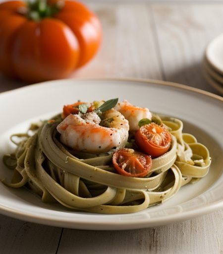 Fettuccine With Shirmp Tomatoes & Artichoke Hearts- Bon A recipe image