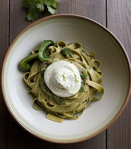Fettuccine With Tomato-Poblano Sauce & Gree recipe image