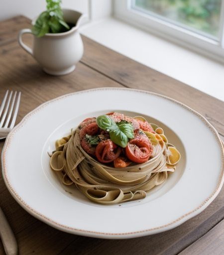 Fettuccine With Tomatoes Prosciutt0 and Basil - Bon Appet recipe image