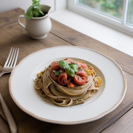 Fettuccine With Tomatoes Prosciutt0 and Basil - Bon Appet recipe image