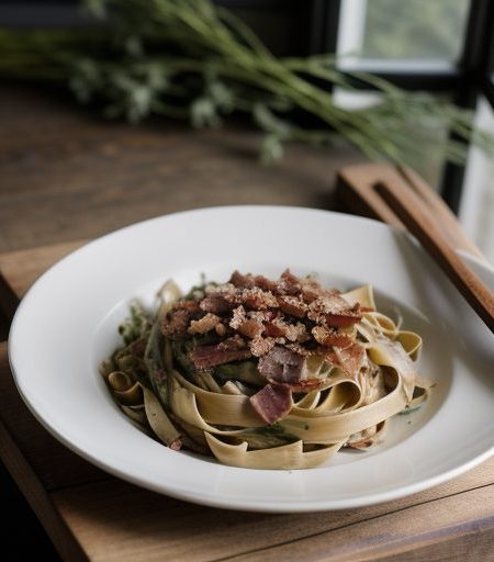 Fettucine Asparagus With Shiitake and Smoked Bacon recipe image