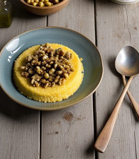 Field Greens With Polenta, Saga Blue, and Toasted Walnuts recipe image