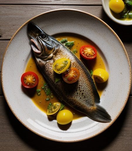 Fire Roasted Whole Flounder With Yellow Tomato Vinaigrett recipe image