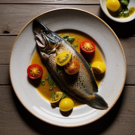 Fire Roasted Whole Flounder With Yellow Tomato Vinaigrett recipe image