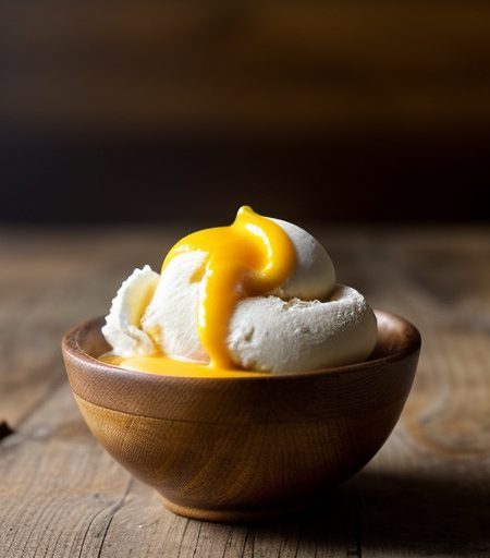 Flaming Mango Sauce Over Homemade Vanilla Ice Cream recipe image