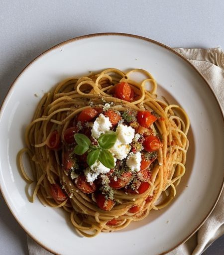 Greek Spaghetti With Tomatoes and Feta (9 PTS recipe image
