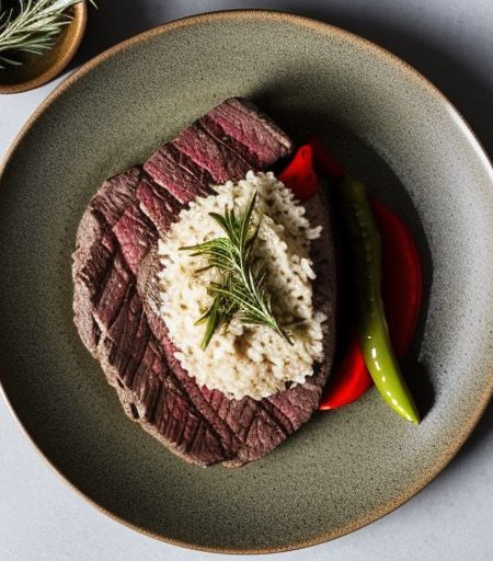Grilled Beef, Roasted Pepper, and Raisin Risotto recipe image