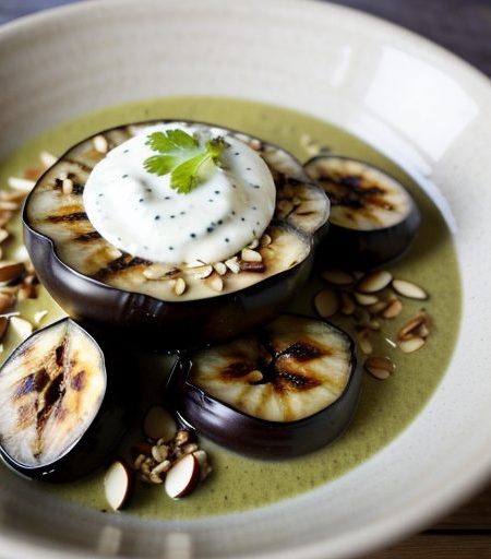 Grilled Eggplant With Almond, Yogurt and Coriander Sauce recipe image