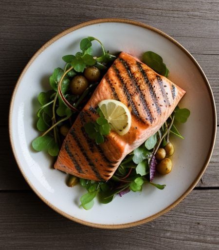 Grilled Salmon With Potato and Watercress Salad recipe image