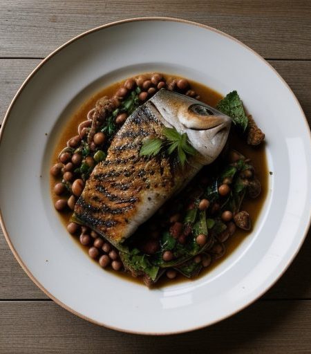 Grilled Sea Bass With Pink-Eyed Pea Ragout - Bon Appetit recipe image