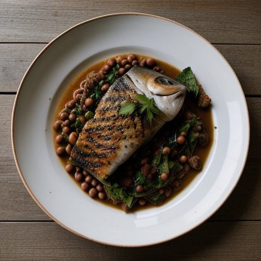 Grilled Sea Bass With Pink-Eyed Pea Ragout - Bon Appetit recipe image