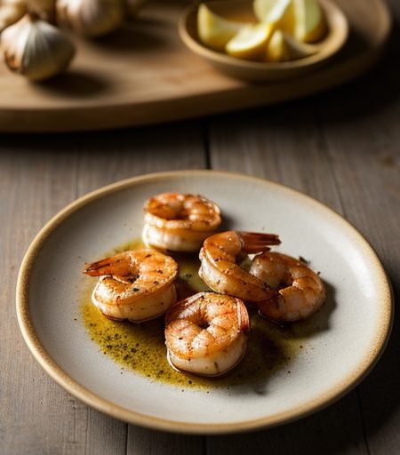 Grilled Shrimp With Oregano and Garlic Chips recipe image