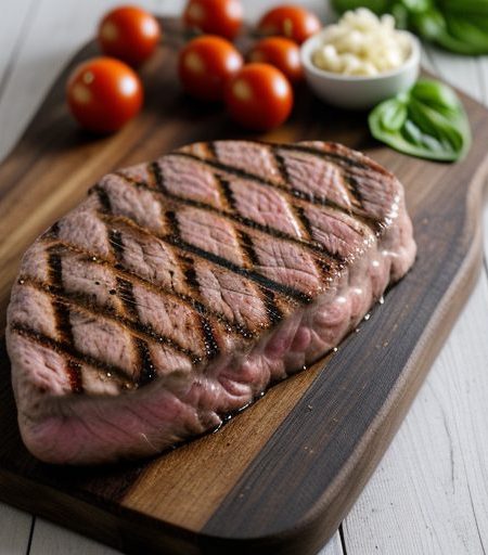 Grilled Steaks & Tomatoes With Basil-Garlic Bread recipe image