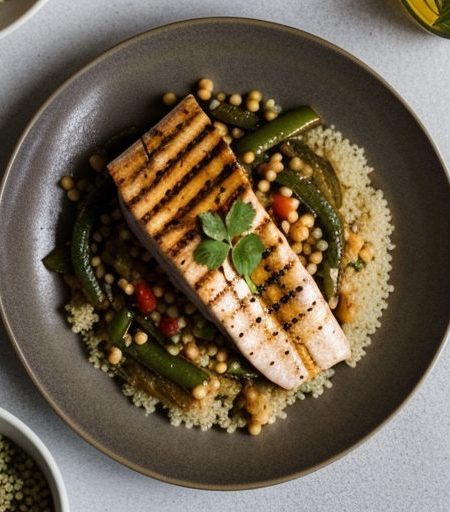 Grilled Swordfish on Herbed Couscous W/Vegetable Minestro recipe image