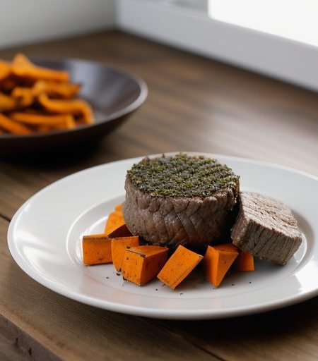 Herb Crusted Beef Filet~ Sweet Potato Straws~ recipe image