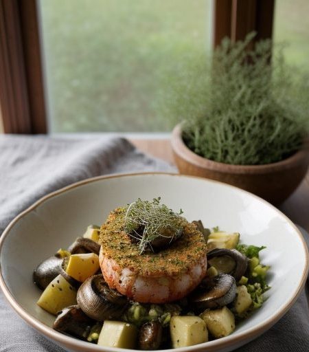 Herb Crusted Prawns With a Warm Mushroom Potato Salad recipe image