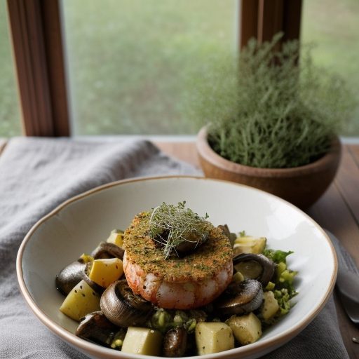 Herb Crusted Prawns With a Warm Mushroom Potato Salad recipe image