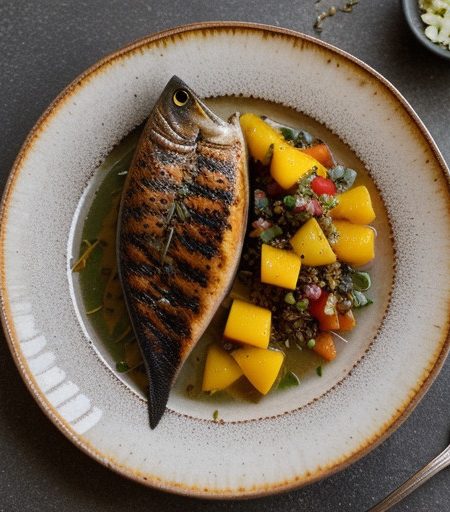 Jamaican Jerk Swordfish With Orange Mango Salsa and Arugu recipe image