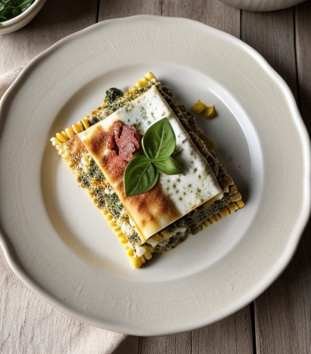 Lasagna of Fresh Spinach, Corn and Crab With a Goat Chees recipe image