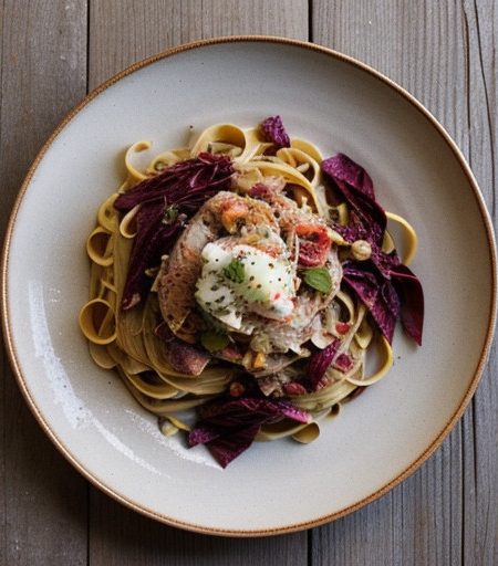 Linguine With Radicchio, Garlic and Crab recipe image