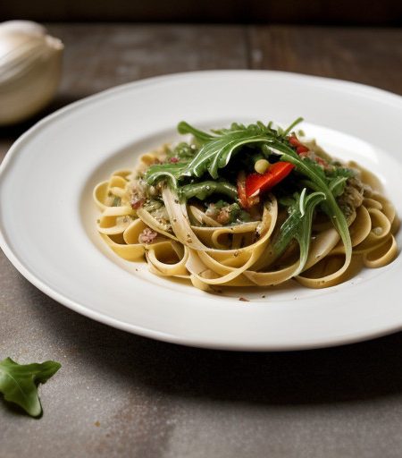 Linguini With Arugula~ Golden Garlic & Red Be recipe image