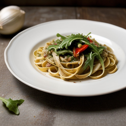 Linguini With Arugula~ Golden Garlic & Red Be recipe image