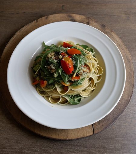Linguini With Arugula, Golden Garlic & Red Bell Pepper recipe image