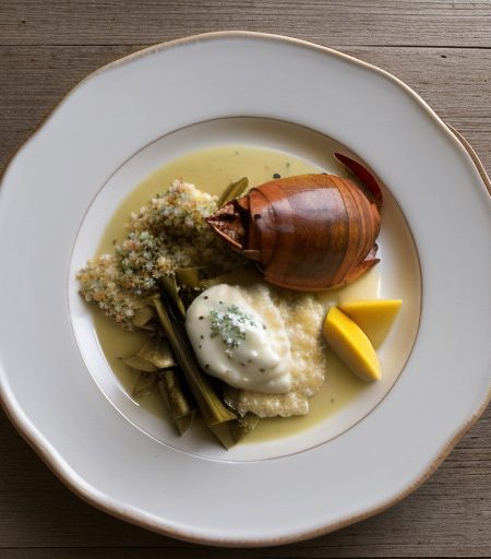 Lobster With Artichokes, Baked Grits and Mango recipe image