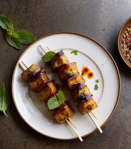 Minted Tomato, Onion & Glazed Tofu Kebabs recipe image