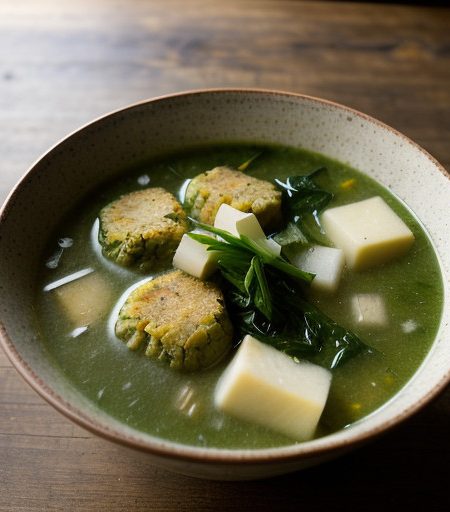 Mixed-Greens Soup With Turnip Fritters - Country Living recipe image