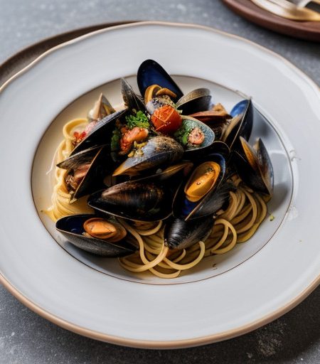 Mussels With Saffron & Tomatoes Over Pasta recipe image