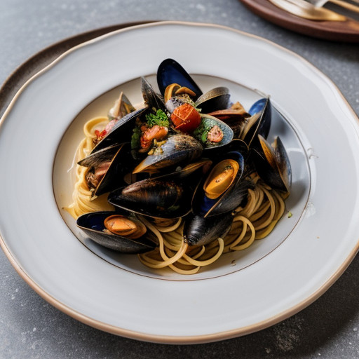 Mussels With Saffron & Tomatoes Over Pasta recipe image