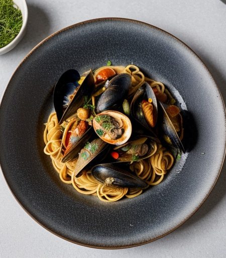 Mussels With Saffron and Tomatoes Over Pasta recipe image