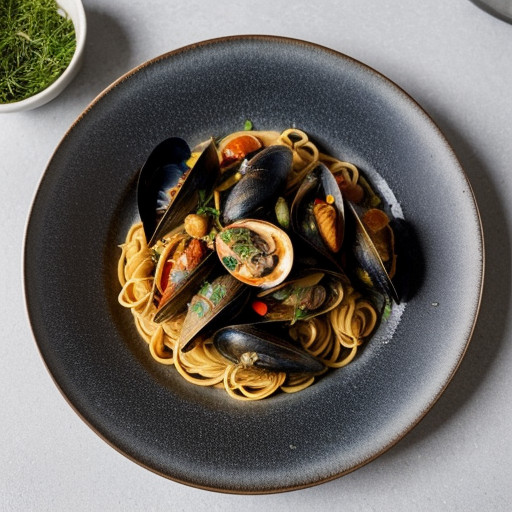 Mussels With Saffron and Tomatoes Over Pasta recipe image