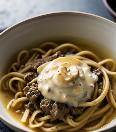 Noodles WLTH Creamy Meat Sauce recipe image