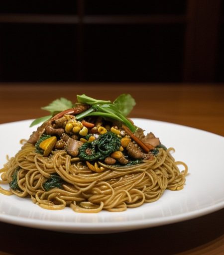 Pan-Fried Noodle Pillow With Stir-Fried Chinese Greens recipe image